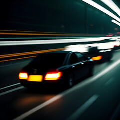 High speed urban traffic on a city highway during evening rush hour. car headlights and busy night transport captured by motion blur lighting effect and abstract long exposure photography