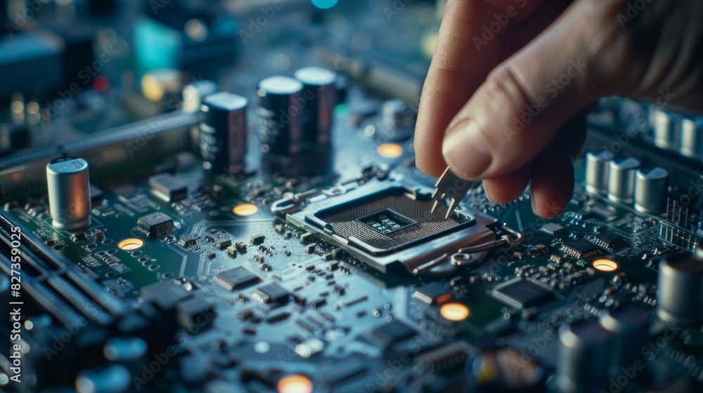 Poster a person is working on a computer chip