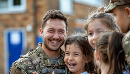 Soldier surprising their family at a school event, with copy space