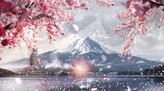 Snow covered cherry blossoms trees in winter with mountain view. cartoon or anime style. 4k digital painting animated video background that moves smoothly and loops