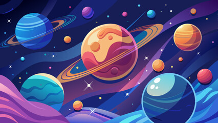 Serene planets with rings in a dark cosmic environment. Elegant celestial scene with planets and stars. Artistic depiction of a peaceful galaxy with colorful planets.