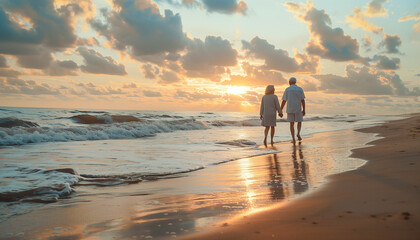 Elderly couple walking hand in hand along a beach at sunset, with copy space
