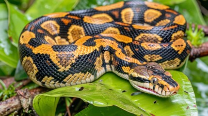 Obraz premium Vibrant ball python resting on a green leaf in natural habitat