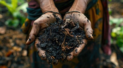 Close-up of hands holding rich, dark compost made from organic waste.