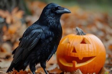 Fototapeta premium Halloween Concept with Black Crow and Carved Pumpkin in Autumn Leaves