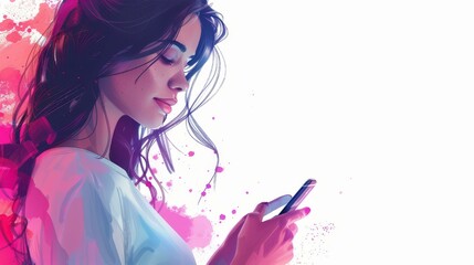 Obraz premium Vibrant illustration of sleek smartphone being used by beautiful woman, creating modern and connected atmosphere.