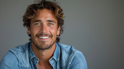 Obraz premium portrait of young smiling man in denim shirt isolated on gray background
