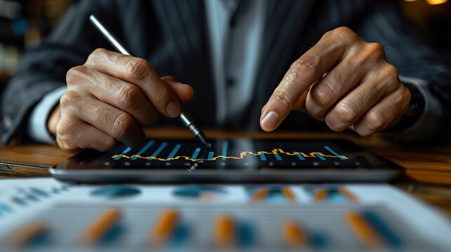 double exposure of the midst of the economic crisis a businessman uses a tablet to analyze sales data and an economic graph chart in order to restart business growth rethink reinvent