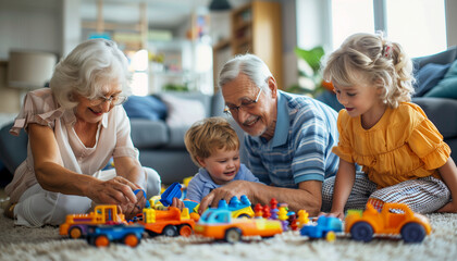 Obraz premium Grandparents and grandchildren playing with toys on the living room floor, a scene of joyful chaos, with copy space