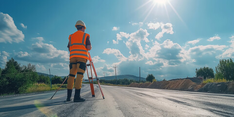 A surveyor with equipment measures land at a new road construction site under a bright sunny sky