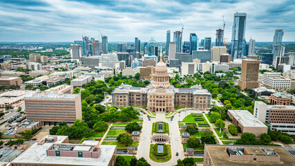 Bird's eye view of Texas Capitol building in Austin, TX.
