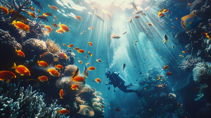 Scuba diver surrounded by fish in a sunlit underwater coral reef