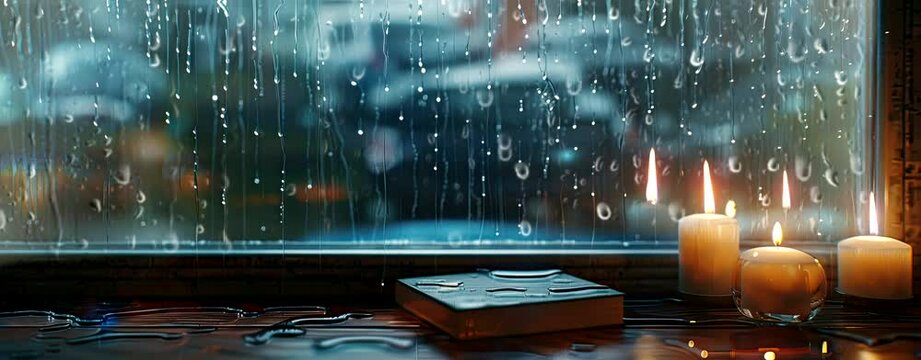 Rain falling on the window, flowing raindrops, candles, the comfortable sound of rain ASMR, books, cozy cafes and study rooms. Seamless looping time-lapse virtual 4k video animation background