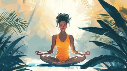 Vibrant illustration of a confident woman with a yoga mat, exuding serenity and balance.