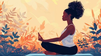 Vibrant illustration of a confident woman with a yoga mat, exuding serenity and balance.