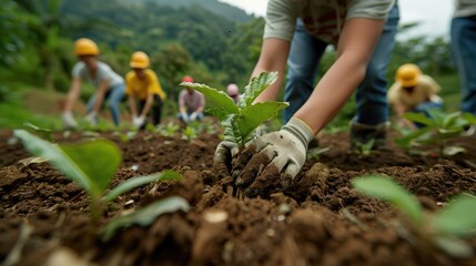 Fototapeta premium Volunteers planting trees in a deforested area to promote reforestation and biodiversity.