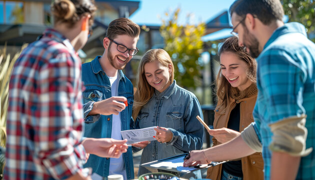 A group of coworkers engaged in a fun outdoor scavenger hunt, checking items off a list and strategizing together, with copy space