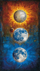Celestial bodies showcasing the sun, moon phases, and solar system