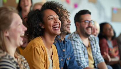 Fototapeta premium Coworkers participating in a team-building improv class, laughing and bonding through spontaneous performances, with copy space