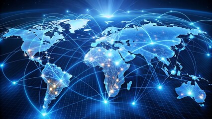 A network map composed of glowing lines connecting major cities around the world, Global Logistics Network
