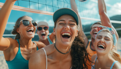 A group of friends laughing and celebrating after scoring a point in a beach volleyball game, with...