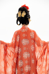 A woman wearing ancient Chinese clothing against a white background.