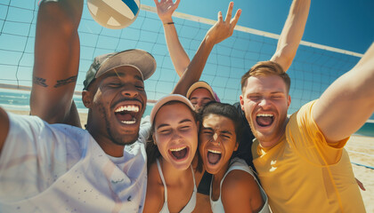 Friends celebrating a win with a group hug and cheers on the beach volleyball court, with copy space