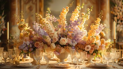 wedding venue adorned with flowers in soft fluffy hues of pale purple and light yellow