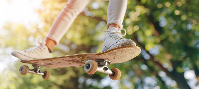 Skateboarder s shoes showing grip on deck, demonstrating style and control in olympic sport