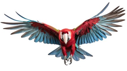 Obraz premium a macaw bird in flight with its wings wide open in isolation on a white background