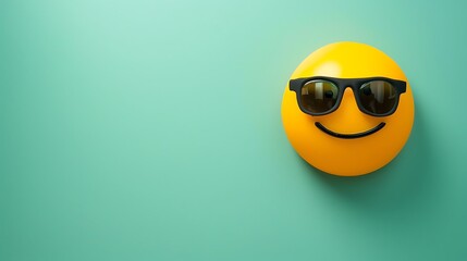 cool emoji on a mint green background with ample space for text The emoji is yellow with black sunglasses