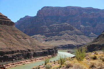 Scenic view of majestic cliffs and the Colorado River in Grand Canyon National Park. Arizona, USA