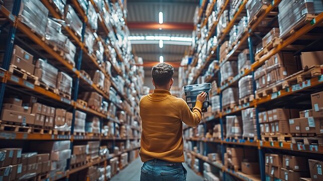 a warehouse worker placing a product on a rack in a huge warehouse