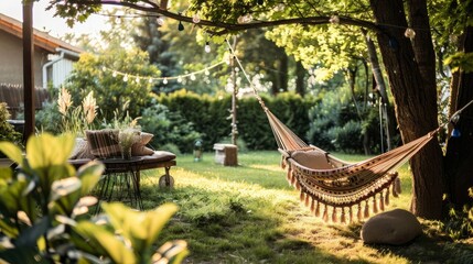 Cozy backyard with a boho-style hammock hanging from a tree