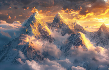 In the sky, clouds and mist surround three snowcapped mountains in front. The peaks can be seen through the white fog