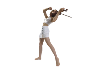 young blonde female musician plays the violin with her eyes closed bottonview, isolated on transparent background, png