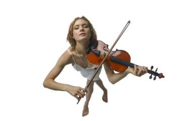 young blonde female musician plays the violin with her eyes closed top view, isolated on transparent background, png
