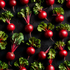 Red beetroots with green stems on a dark background in a pattern, creating a striking visual contrast.
