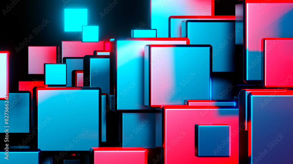 Wall mural abstract technology background with 3d cubes in space, purple blue neon glowing cubes on black.