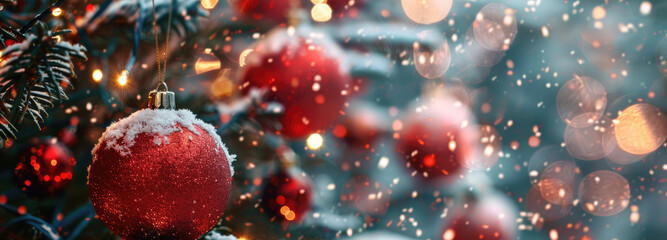 Closeup of red Christmas balls on the background of an outdoor decorated tree, snow falling in blurred motion, blurred bokeh lights and warm light garlands