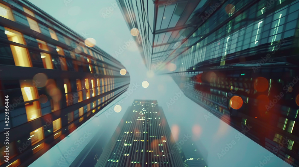 Poster stylish bokeh effect with low bottom view on megapolis building