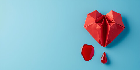 Red origami heart on a blue paper background