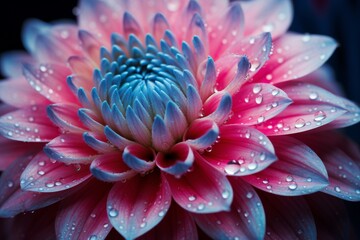 Macro Photography Of A Pink Dahlia With Water Droplets And A Dreamy Blue Core. Generative AI
