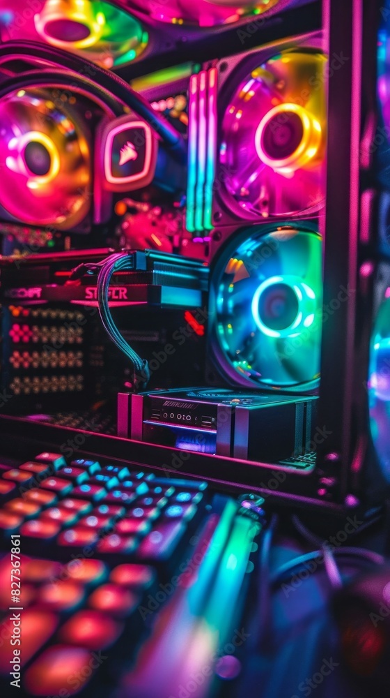 Aufkleber a computer case with a colorful fan and a keyboard