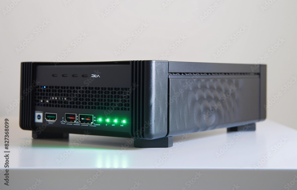 Poster desktop computer with rgb led lights on a white surface