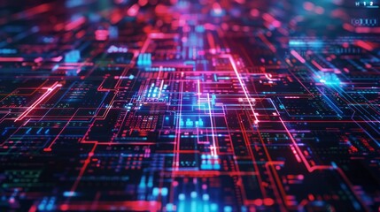 A computer screen with a red and blue background and a blue and red grid