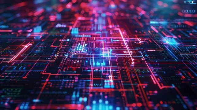 A computer screen with a red and blue background and a blue and red grid