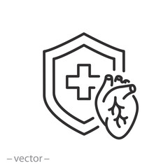 medical shield with heart icon, complete caldiology protection, heart support, thin line symbol - vector illustration