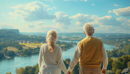 Elderly couple holding hands while looking out over a scenic landscape, with copy space