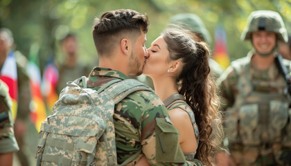 Soldier kissing their spouse at a welcome home ceremony, with copy space - Powered by Adobe
